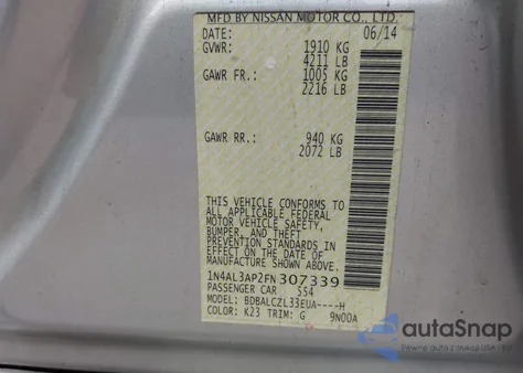 2015 Nissan Altima 2.5 S из США, поврежденный, VIN 1N4AL3AP2FN307339